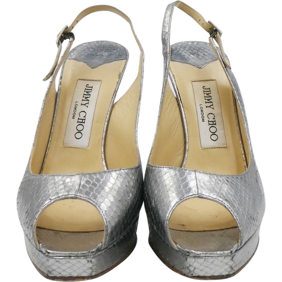 AUTHENTIC Jimmy Choo Metallic Silver Snakeskin Peep Toe 36.5 - Picture 2 of 5